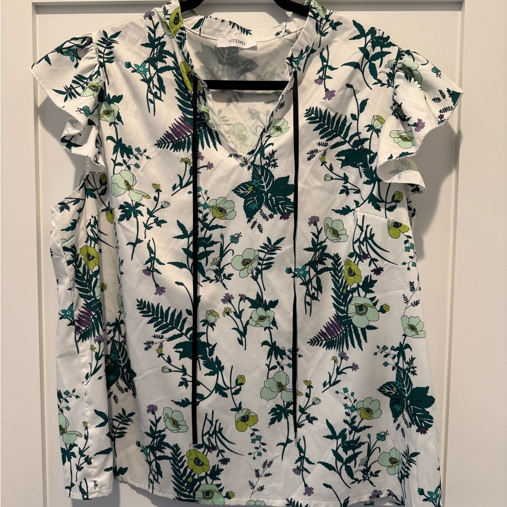 Floral Ruffle Sleeve Blouse - White and Green